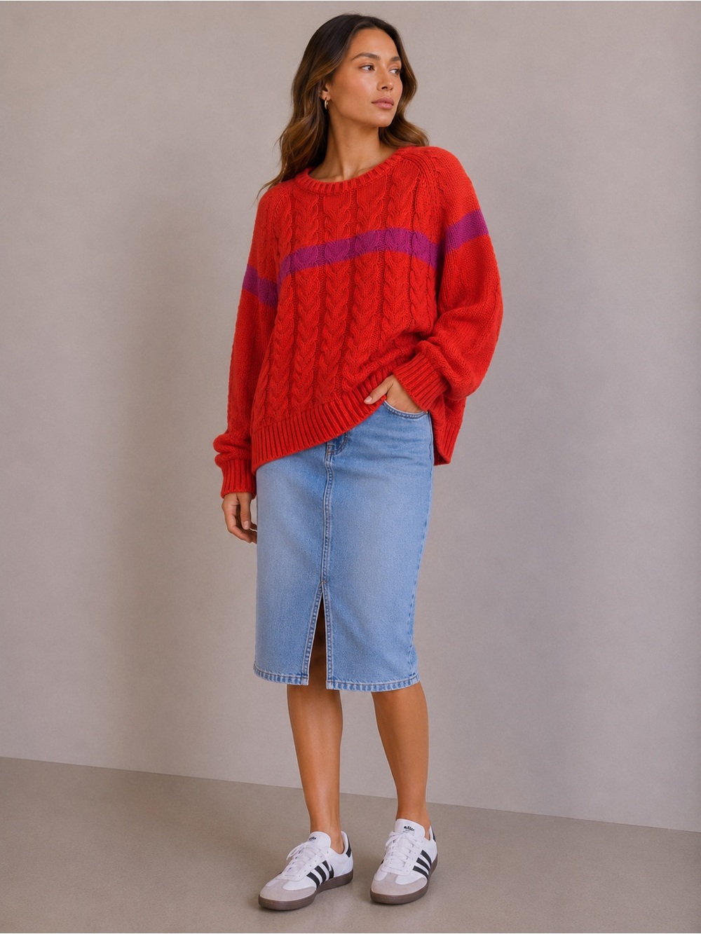 Lands' End NWOT- 100% Cotton Red/Pink Colorblock Cable Knit Sweater!